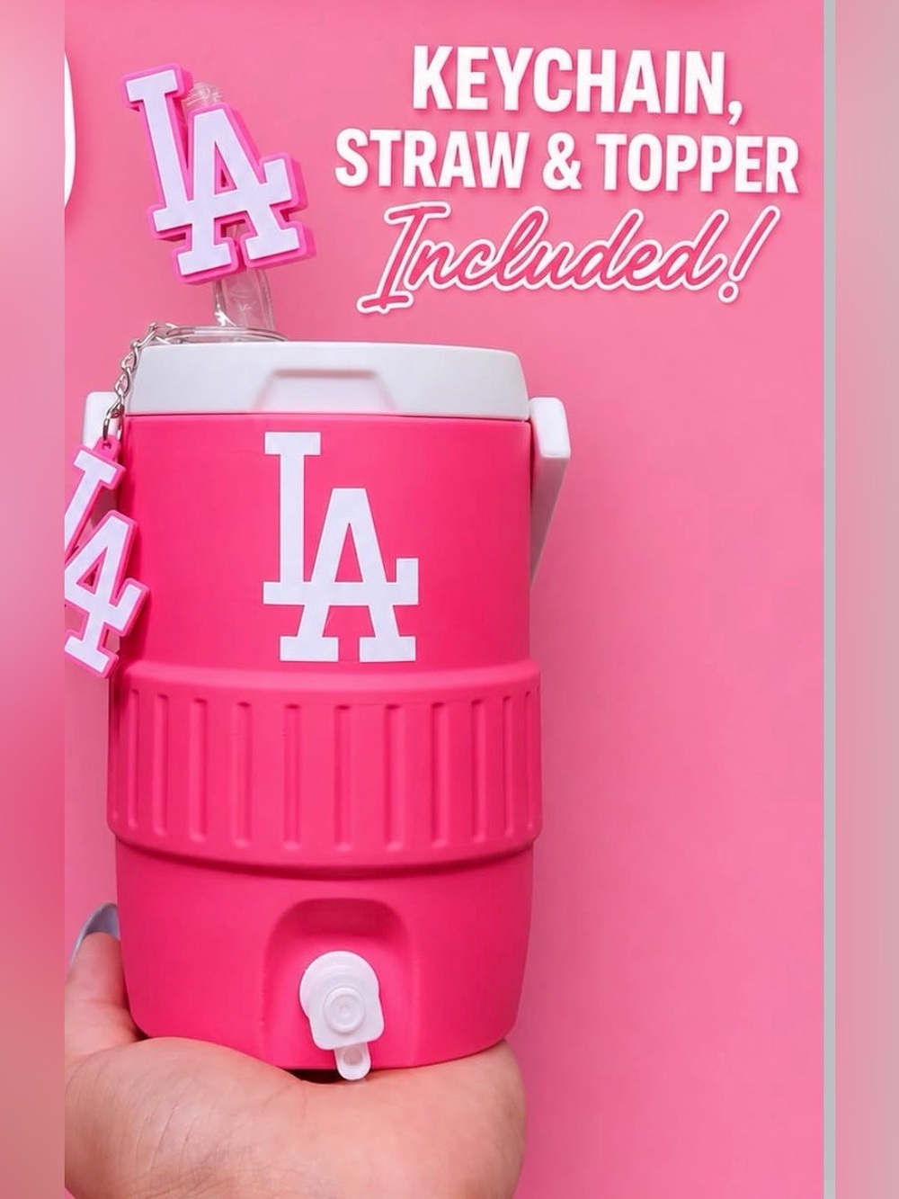 Pink Mini Dodgers Cooler Koozie Water Jug with Keychain, Topper & Straw -3DPrint